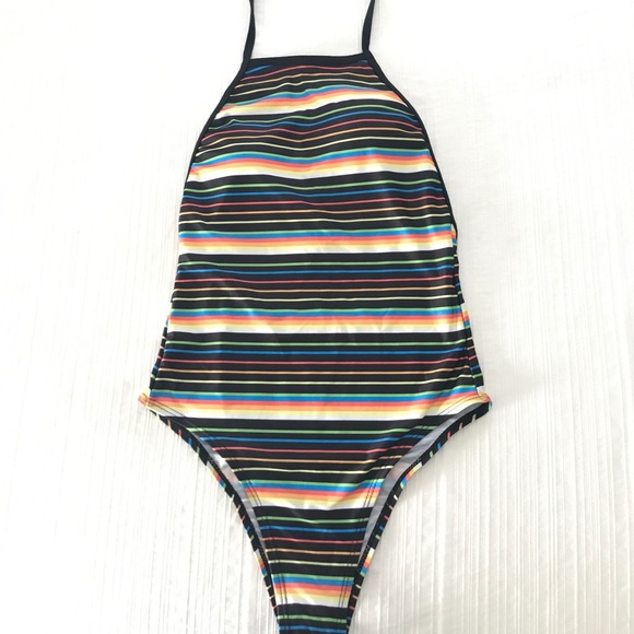 New Striped Halter Retro One Piece Swim Body Suit - Picture 5 of 7